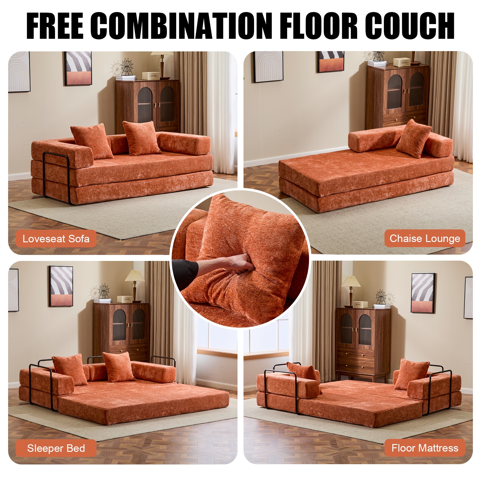 Floor Sofa Bed With Adjustable Backrest And Armrest Orange_voghion.com
